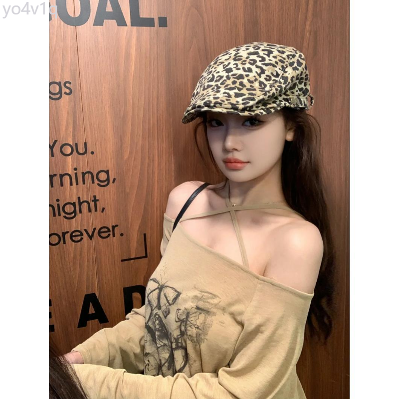 Ins Niche Leopard Print Progressive Hat Female Retro Subculture Hottie Y2k Yuppie Style Face-showing Small Versatile Beret