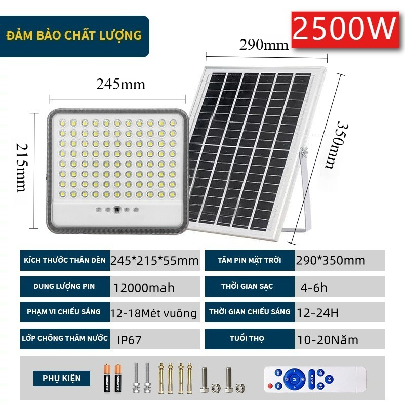 Đèn pha năng lượng mặt trời độ sáng cao chống thấm nước IP67 sử dụng ngoài trời có điều khiển từ xa đèn sân vườn năng lượng mặt trời