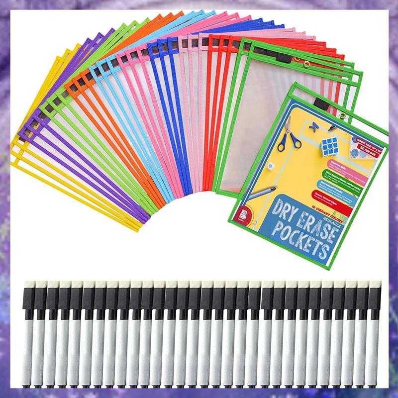 (JZUY) 30Dry Erase Pockets Pockets Perfect Classroom Organization Reusable Dry Erase Pockets Teaching Supplies
