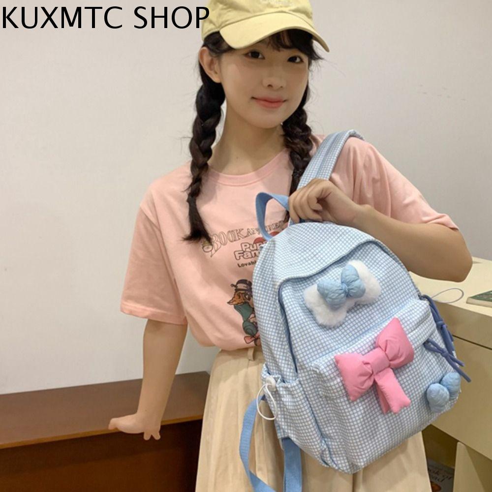 KUXMTC Màu trơn Ba lô thắt nơ dễ thương Lưới Sức chứa lớn Cặp học sinh ni lông Thời trang Trọng lượng nhẹ Ba lô phong cách Đại Học Trẻ em