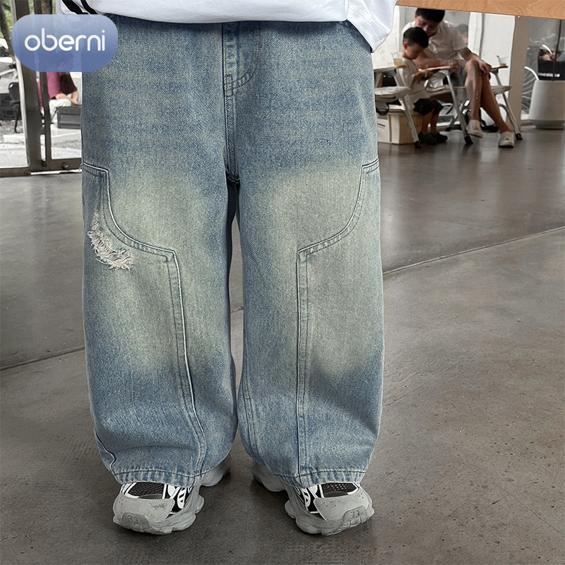 Oberni Children's clothing Boys' pants Korean style casual pants for middle and large children Ripped jeans for boys ราคา 489 บาท*ส่งฟรี
