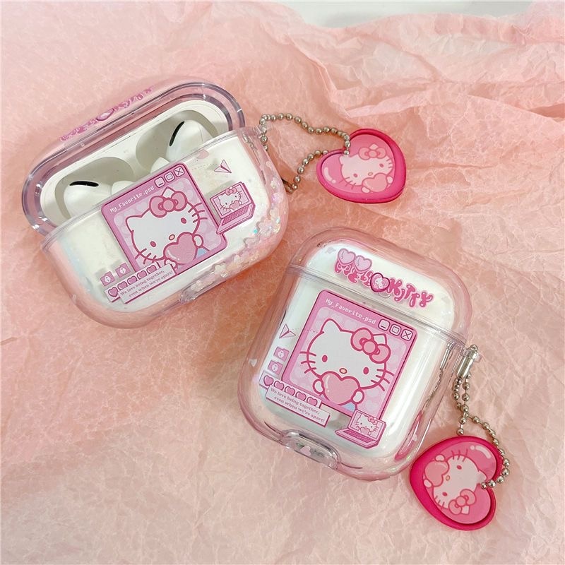 sanrio liquid quicksand pink hello kitty Case for Apple AirPods 1 2 3 Pro