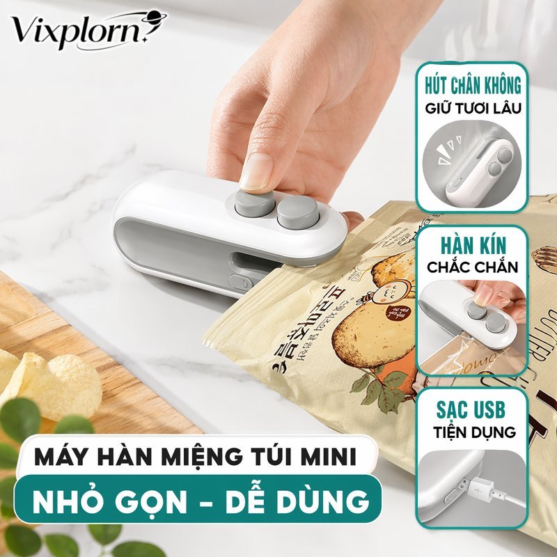 Vixplorn Máy hàn miệng túi mini Máy ép nhiệt cầm tay sạc lại Kín khí chống ẩm bảo quản thực phẩm dùng cho bếp gia đình