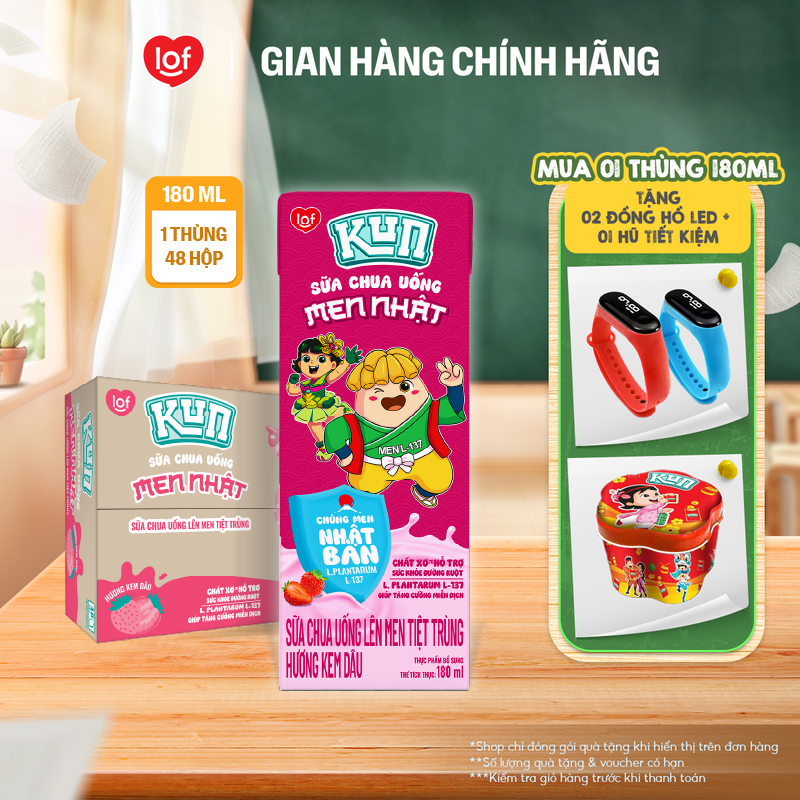 Sữa chua uống KUN vị kem dâu thùng 48 hộp x 180ml (Có thể nhận bao bì cũ/mới)
