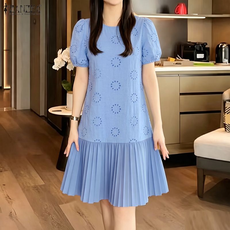 ZANZEA Korean Style Women Elegant Puff Sleeve Hollow Out Lace O-Neck Dresses Knee Length Plain Pleated Dress #0831