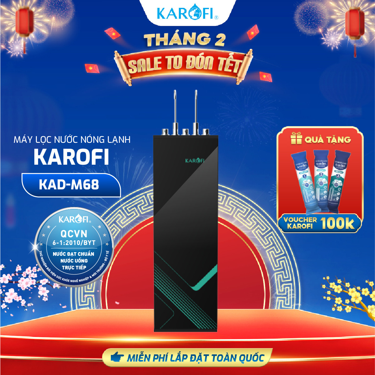 [TẶNG BỘ LÕI] Máy lọc nước nóng lạnh RO Mỹ 11 lõi Karofi KAD-M68 - Giao trước lắp sau miễn phí toàn 