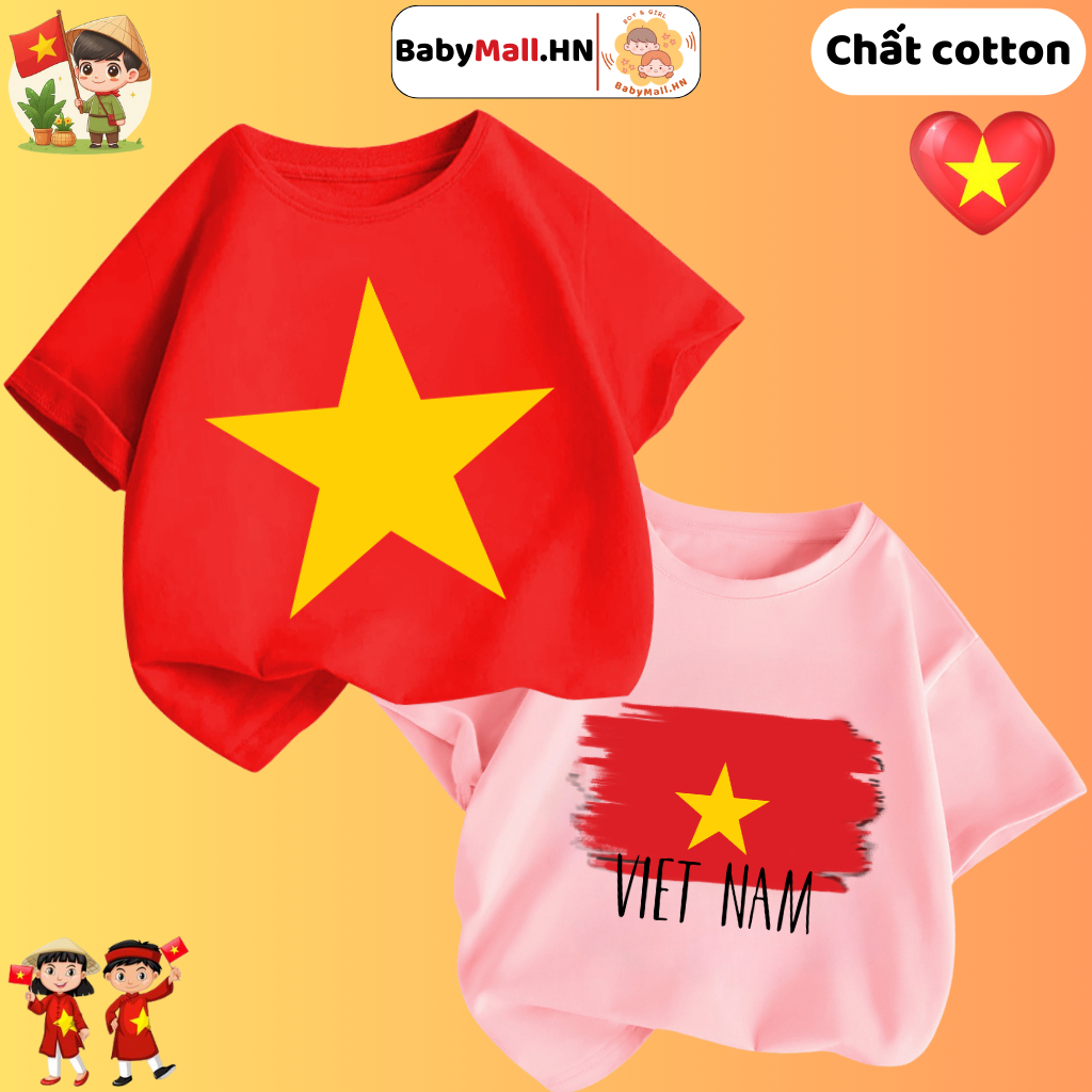 Áo thun Cờ Đỏ Sao Vàng Việt Nam cho bé trai bé gái BabyMall áo phông cờ Việt Nam cho bé chất cotton