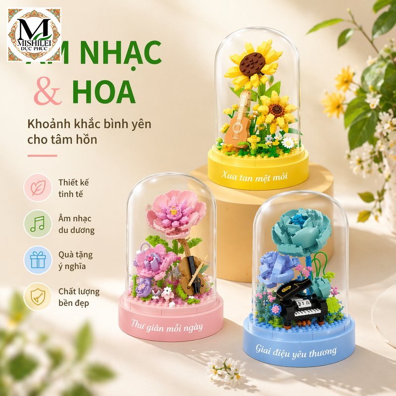 Mishilei Mô hình hoa bất tử 3D khối lắp ráp có đèn trang trí bàn phòng ngủ quà tặng sinh nhật nghệ thuật dễ thương