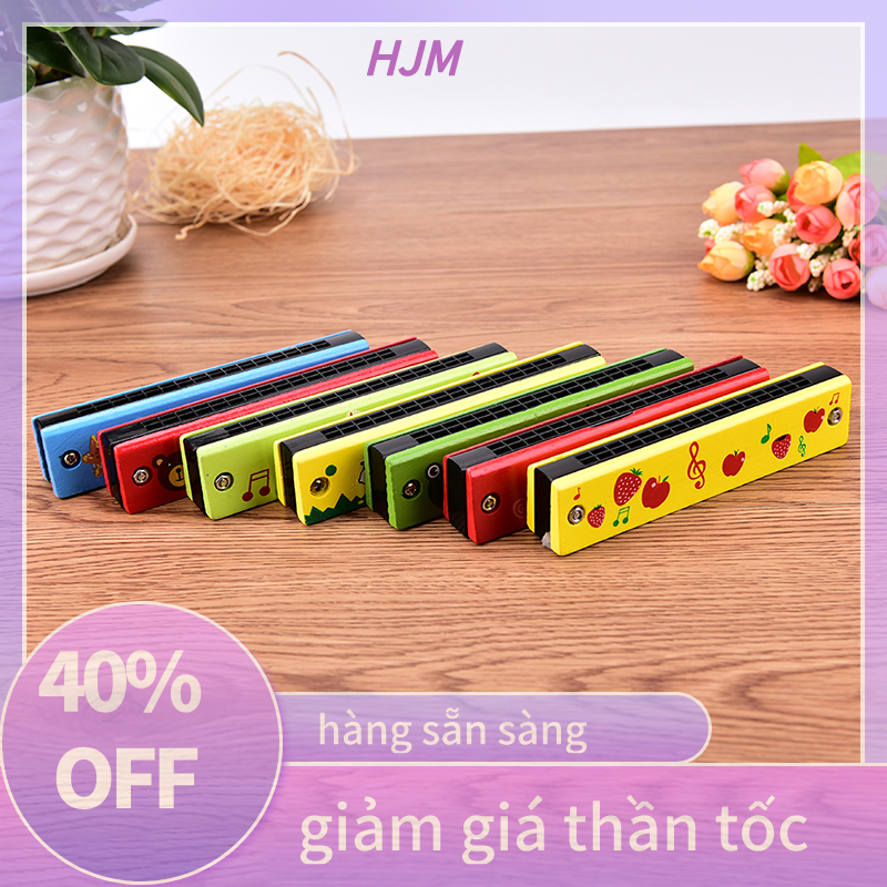 HJM Kèn harmonica tremolo dễ thương nhạc cụ trẻ em 16 lỗ Đồ chơi giáo dục vỏ gỗ nhiều màu sắc