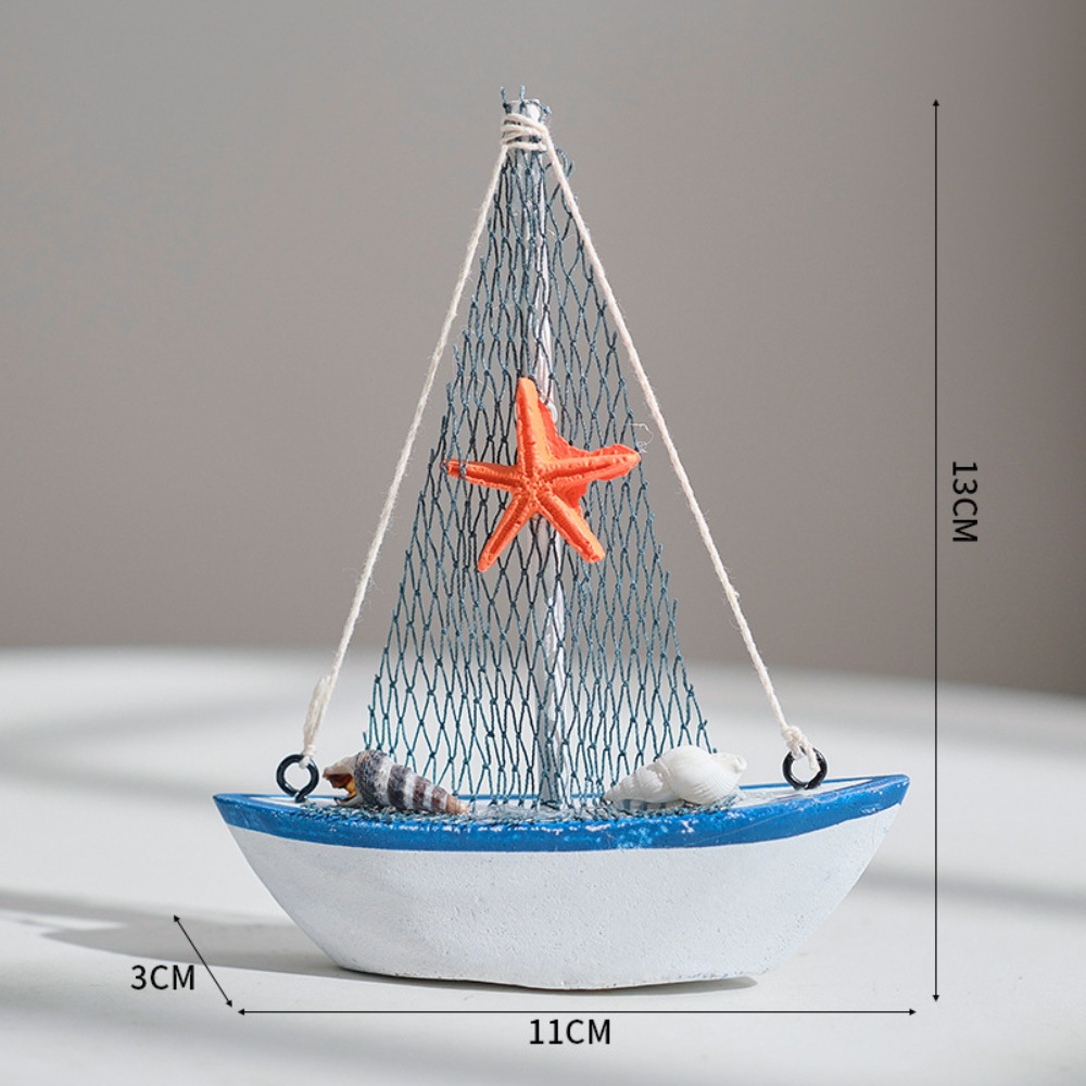 LUCHY WATCHES Mediterranean Style Sailing Boat Model Handmade Wooden Wooden Ship Ornament Coastal Style Fishing Net Accent Nautical Decor Home Decoration
