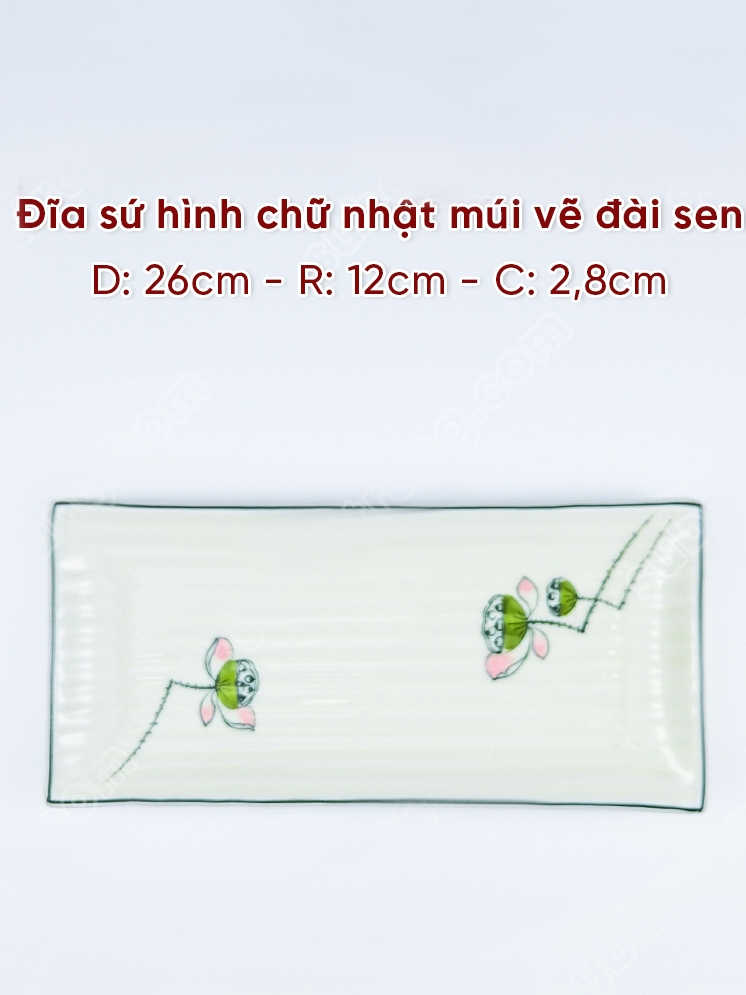 Đĩa Chữ Nhật Bát Tràng Men Kem Vẽ Nhiều Họa Tiết