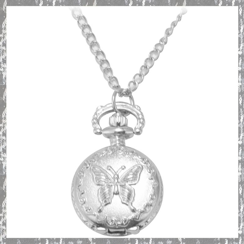 Silver Quartz Butterfly Arabic numerals Pocket Watch with Vintage Necklace