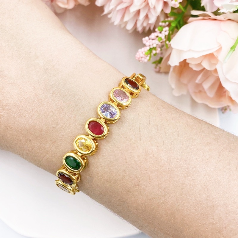 nirichstore, nine gem bracelet, gold plated, looks real, beautiful gems, gold bracelet 010 ราคา 637 บาท*ส่งฟรี
