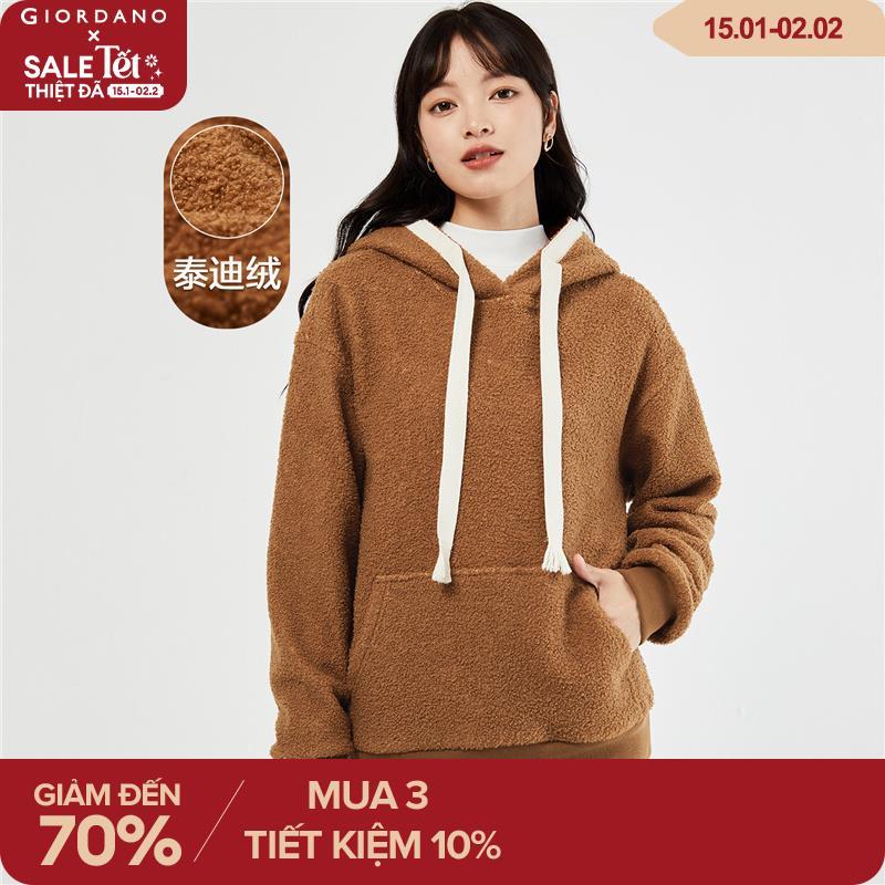 GIORDANO Women Hoodies Half Placket Button Closure Teddy Fleece Hoodies Half Placket Solid Color Casual Loose Hoodies 05321783