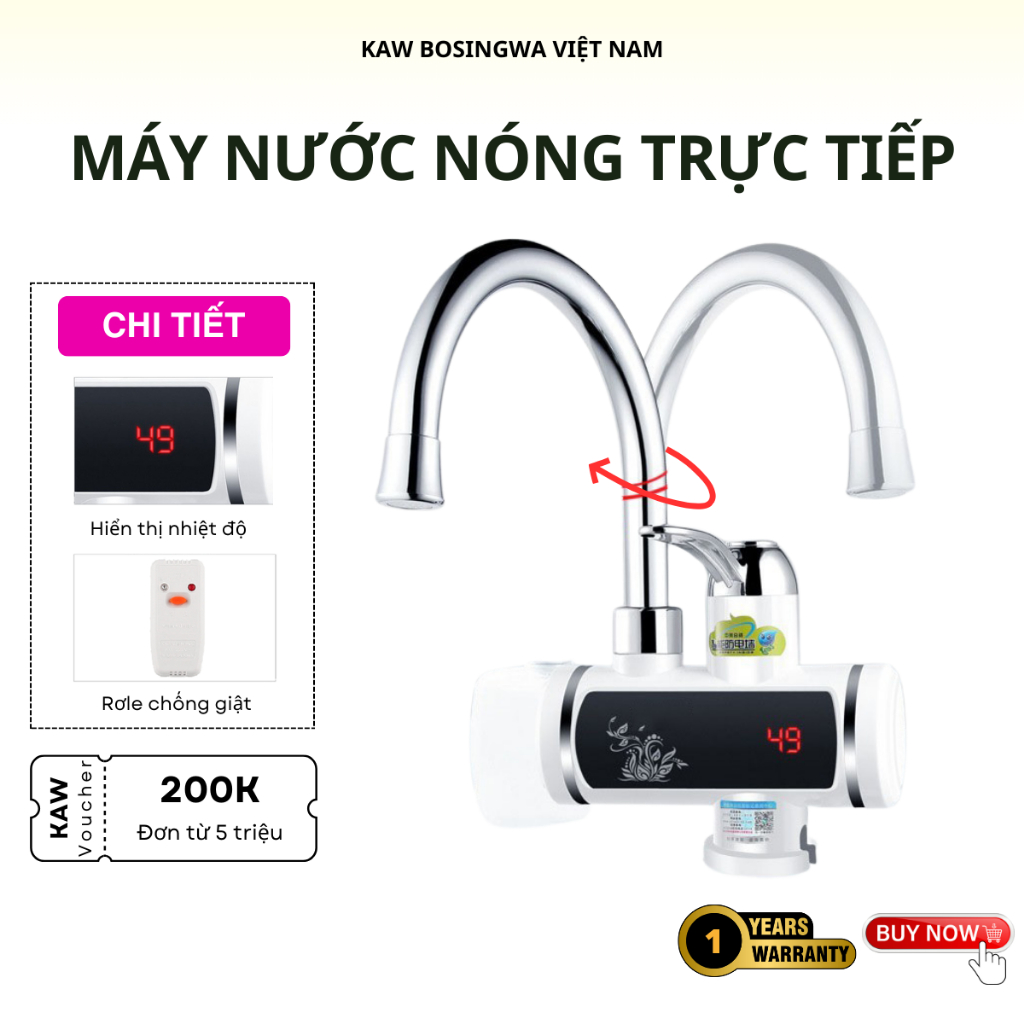 Máy nước nóng lạnh tại vòi KAW, có màn hình LED hiển thị nhiệt độ, chống giật an toàn khi sử dụng