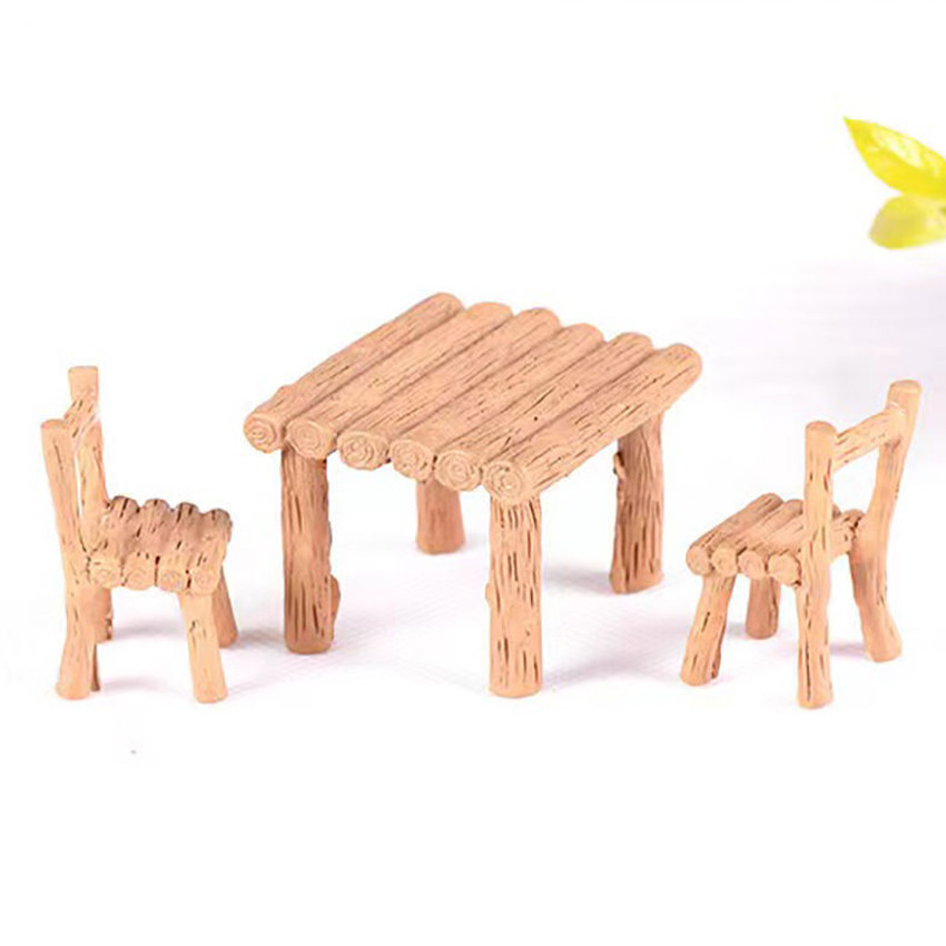 3Pcs Miniatur Meja Kursi Kayu Bahan Resin / Miniatur Meja Kursi Taman Resin Aesthetic / Ornamen Resin Dekorasi Diorama Maket Landscape