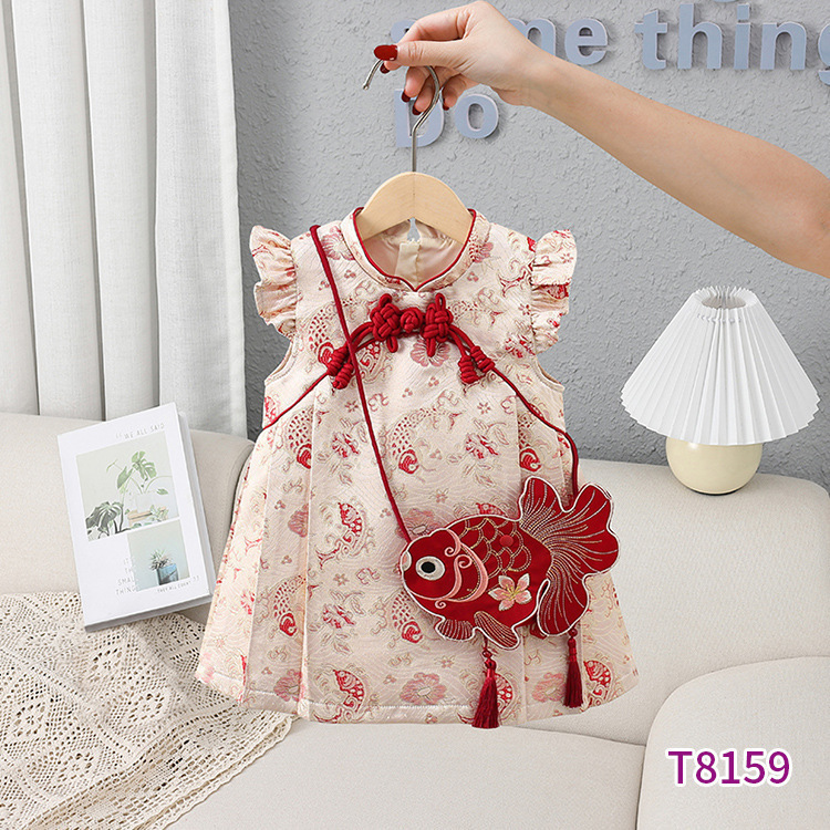 Children's clothing 2025 spring new girls' dresses have fish every year Children's short-sleeved birthday dresses Annual clothing