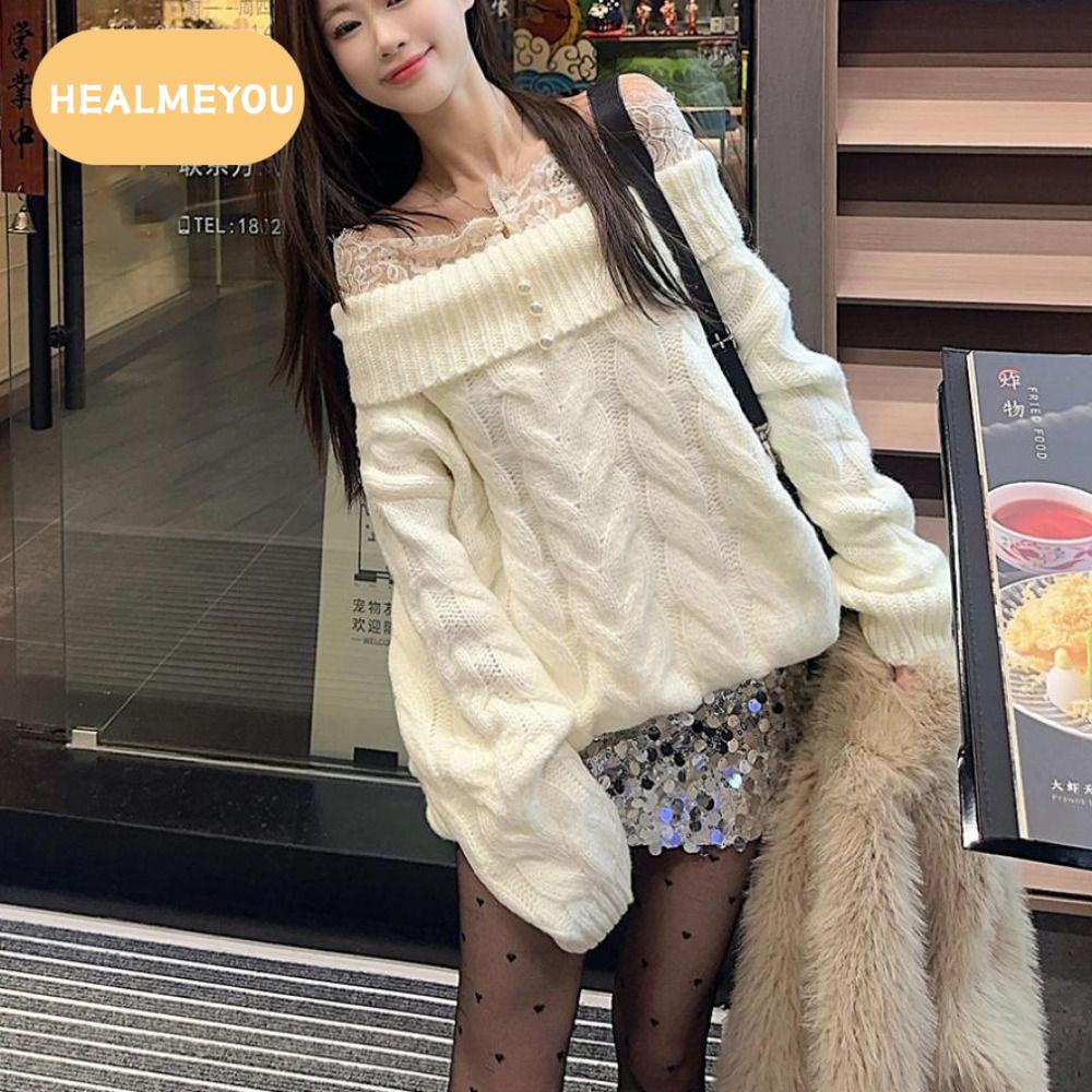 HEALMEYOU หลวม ชุดถักแขนยาว ลูกไม้ เสื้อที่ใส่เป็นชั้นล่าง ท็อปเสื้อสเวตเตอร์เปิดไหล่ ง่าย ฤดูใบไม้ผลิ ฤดูใบไม้ร่วง ฤดูหนาว ท็อปถักสำหรับผู้หญิง ฤดูใบไม้ร่วง ราคา 1,361 บาท*ส่งฟรี