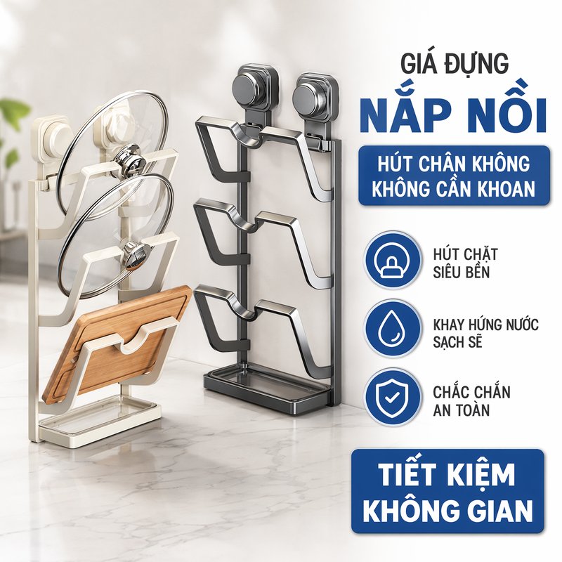 giá đỡ nắp nồi kệ treo tường cốc hút abs chống trượt ba tầng để khăn bếp tiết kiệm diện tích
