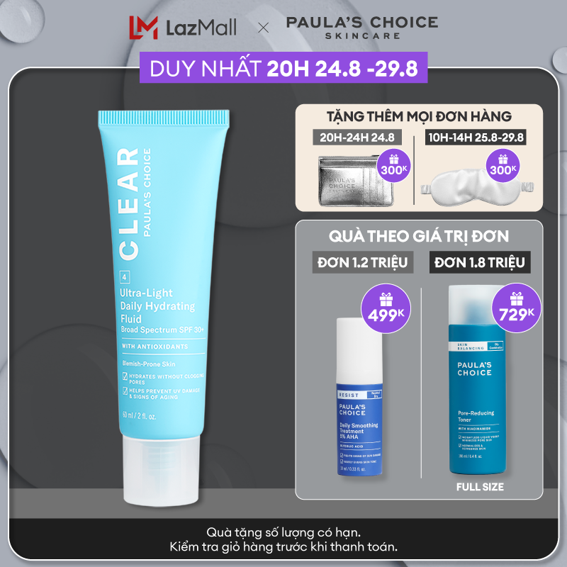 Kem chống nắng dạng sữa siêu nhẹ dành cho da mụn Paula’s Choice Clear Ultra Light Daily Fluid SPF 30 60 ml 6130