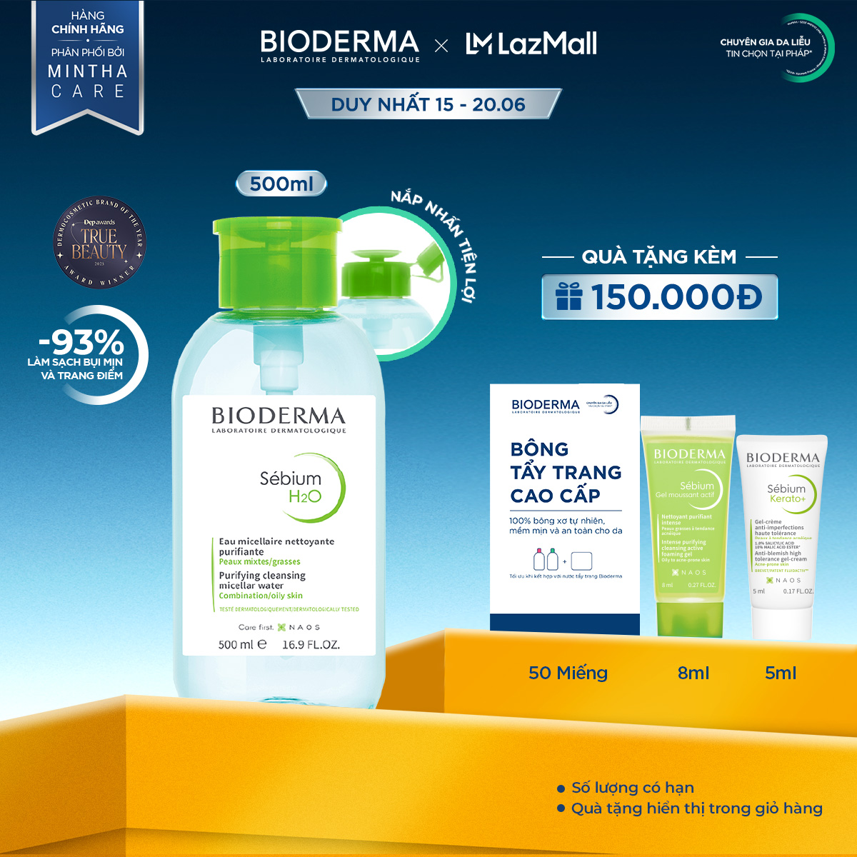 Dung dịch làm sạch và tẩy trang Micellar cho da hỗn hợp và da dầu Bioderma Sébium H2O - 500ml (có nắp nhấn)