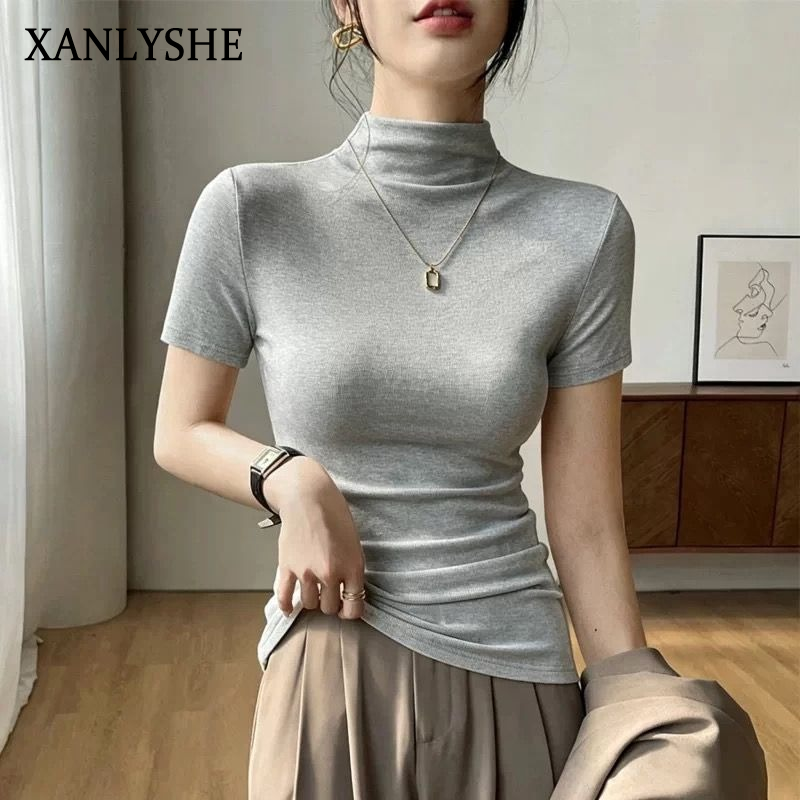 XANLYSHE เสื้อยืดแขนสั้นคอเต่าใหม่ล่าสุดฤดูร้อน 2026 สำหรับผู้หญิง เอวเรียวใส่คู่กับชุดทำงานและสไตล์ลำลองแบบคลีนฟิต ราคา 193 บาท*ส่งฟรี