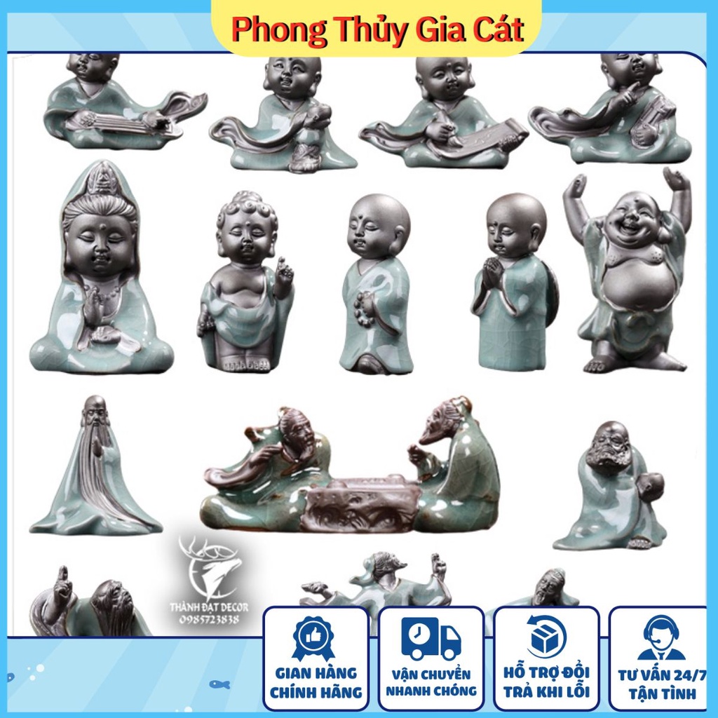 Tượng gốm sứ mini tráng men hình chú tiểu và lão tử trang trí tiểu cảnh, cây bonsai, cây cảnh, hòn non bộ, hồ thủy sinh