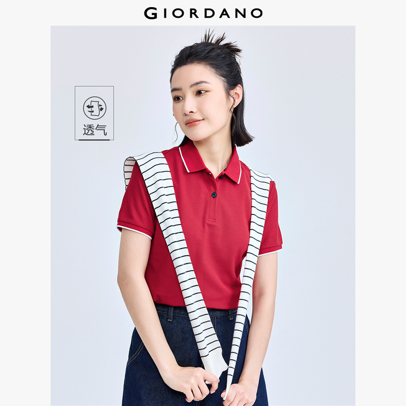 Áo POLO Nữ Tay Ngắn GIORDANO Women vải Pique Mảnh khảnh Trang trí viền gân với màu tương phản Thấm h