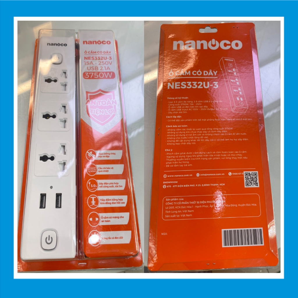 Ổ cắm có dây nanoco nes5215-3/nes332u-3/nes3332-3/nes3320-5 thiết kế nhựa cao cấp cho khả năng chống cháy, chống va đập.