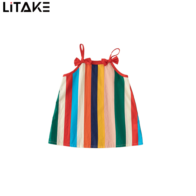Cotton Little Girl Slip Dress Bowknot Rainbow Vertical Stripe Dress Beach Sundress Playwear Dress ราคา 155 บาท*ส่งฟรี