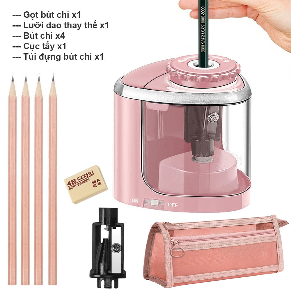 Gọt Bút Chì Điện Tự Động | Combo 5 Món: Hộp Đựng + Gọt + Lưỡi Dao + 4 Bút Chì + Tẩy | Dùng Pin AA
