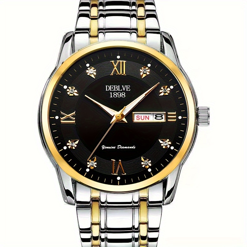 Deblve kinh doanh Rhinestone Đồng hồ nam lịch dạ quang hiển thị tuần Đồng hồ thạch anh với dây đeo t
