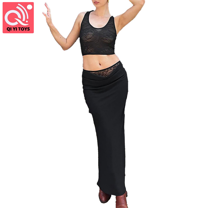 Phụ Nữ 2 Mảnh trang phục mùa hè U Cổ áo ba lỗ ren Tops ôm sát xẻ váy Midi Thiết Lập Không Tay áo hở eo draped Ruched Váy