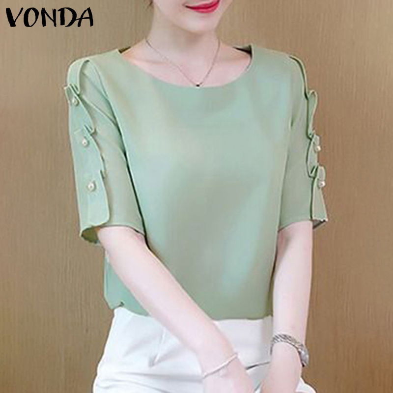 VONDA Women Short Sleeve Blouse Casual Top Loose Summer T-shirts (Korean Causal)