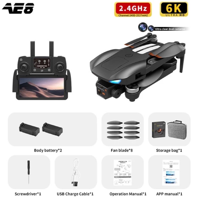 Flycam AE08 pro max - Ae8 Pro Max - flycam K911Max - Camera Kép GPS chống va chạm Không Chổi - Bh 1 