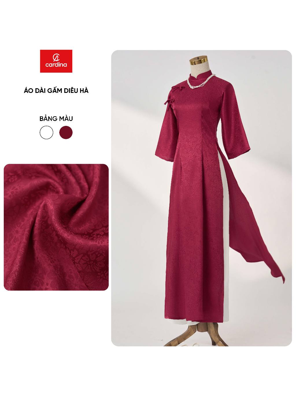 Áo dài nữ Diêu CARDINA chất liệu gấm mềm mại đính nơ 5ADC01 5YQDR11 tách lẻ áo dài và quần