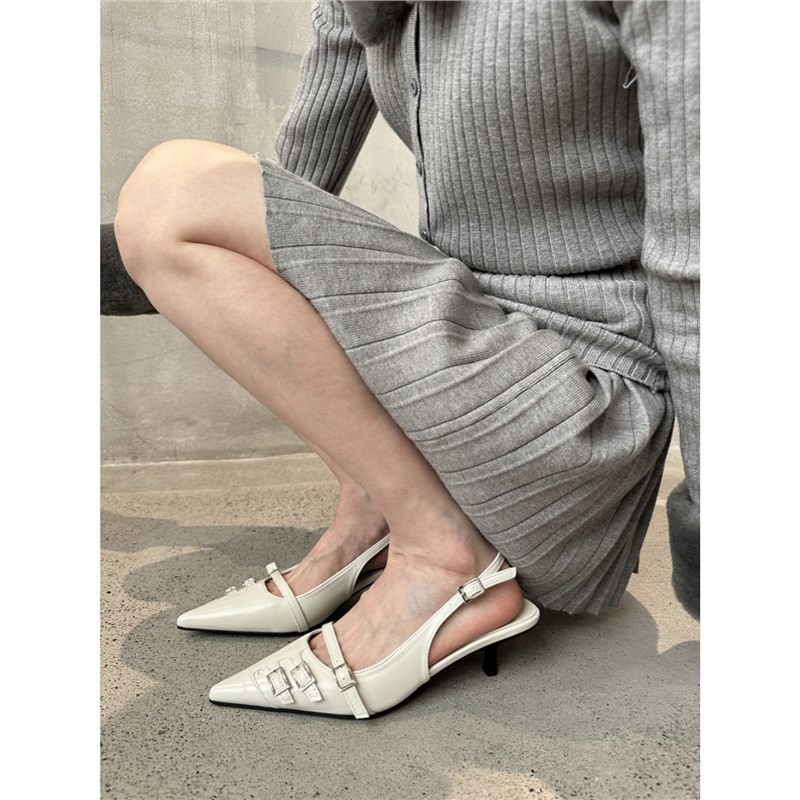 Giày Sandal Cao Gót Mũi Nhọn Phối Khóa Kim Loại Kiểu Pháp Đế 5cm Sang Trọng Khí Chất Cho Nữ CG16 
Taoladyshoes