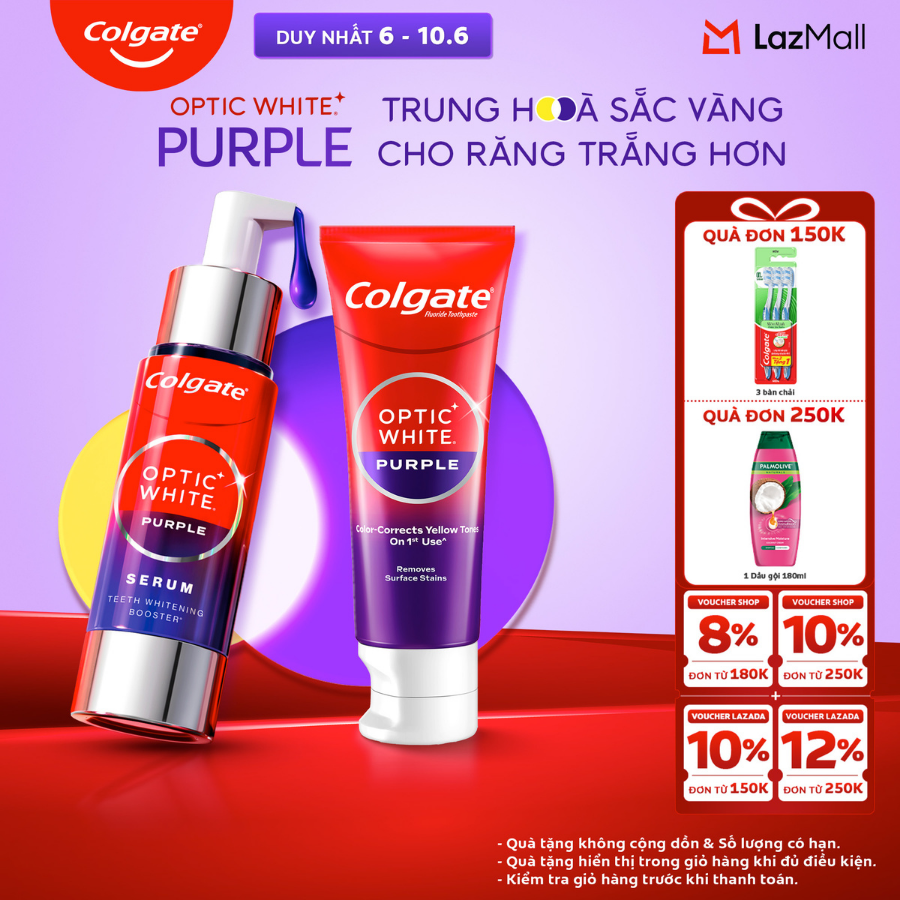 [Chỉ 6-10.6_X2 Voucher giảm 22%] Bộ đôi Colgate Optic White Purple: Serum và Kem đánh răng trắng răng, trung hòa sắc vàng tức thì