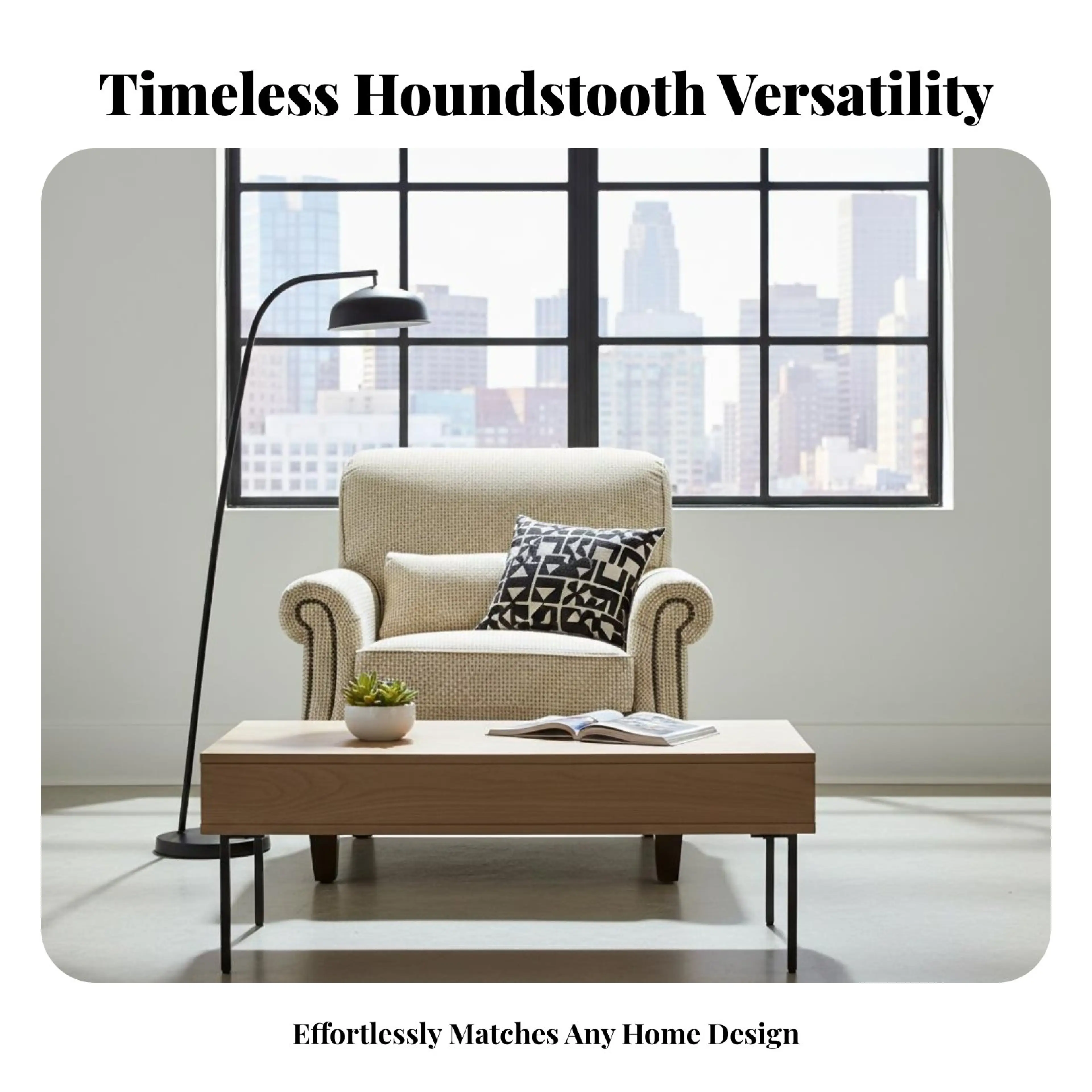 Modern Western aesthetic Houndstooth Armchair Comfortable Soft Seat Upholstered Accent Chair Chic Design Single Sofa timeless Aesthetic for Homeowners, Apartment Dwellers, Book Lovers, Bedroom, study alcove, Home Office