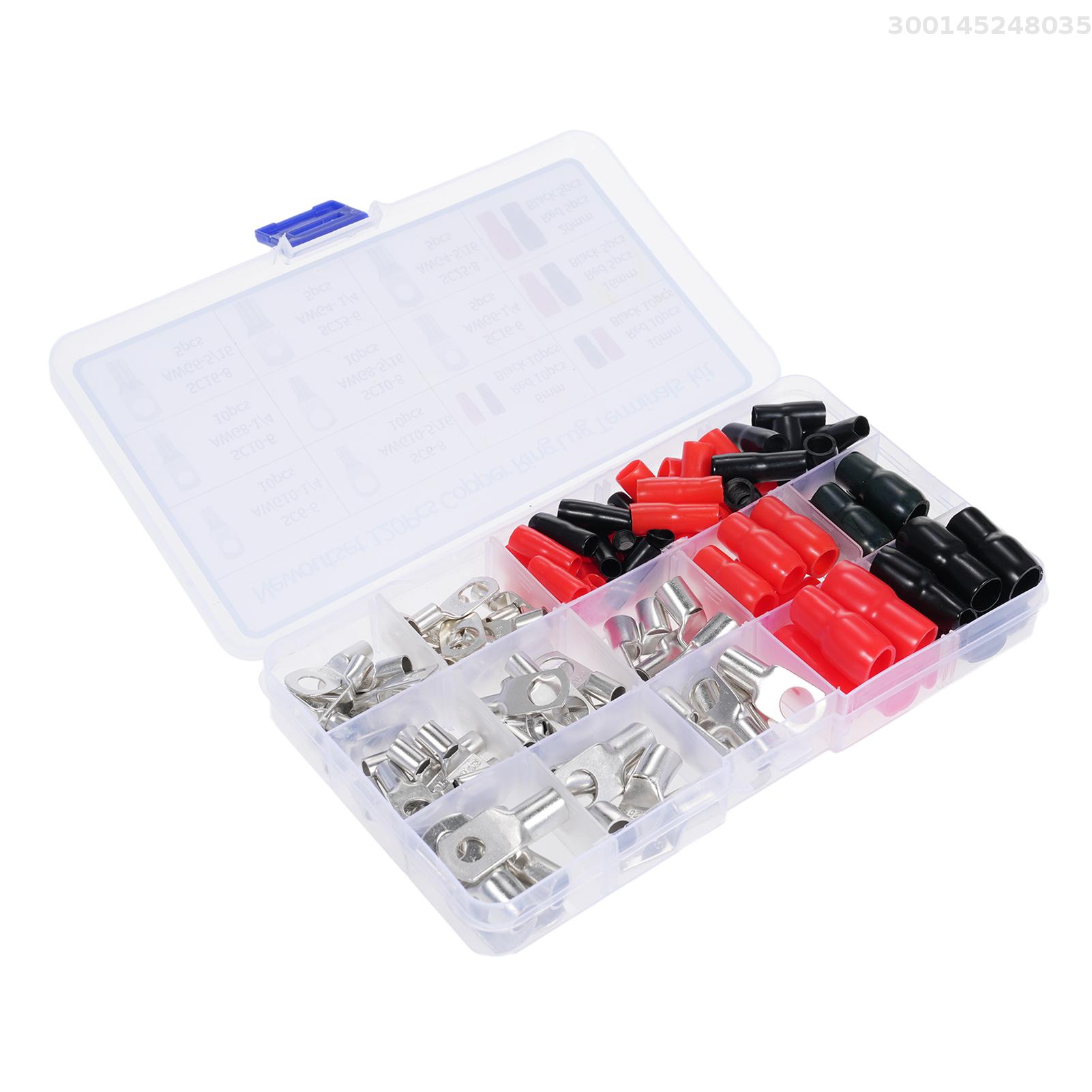 120PCS Copper Ring Lug Terminals Kit, Wire Connectors, Terminal Connectors, Copper Wire Lugs for 4 6 8 10 AWG, Ring Terminals with Heat Shrink Tubing
