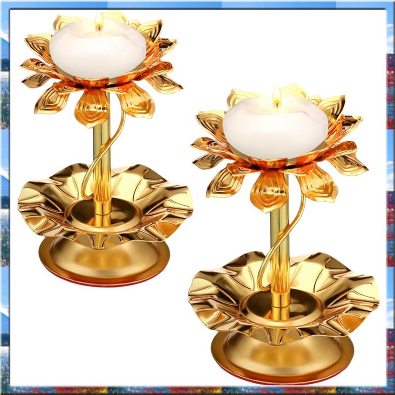 （Flash Sale）For Diwali Pooja 2 Pcs Metal Diya Lotus Candle Holder Ghee Lamp for Diwali Decoration