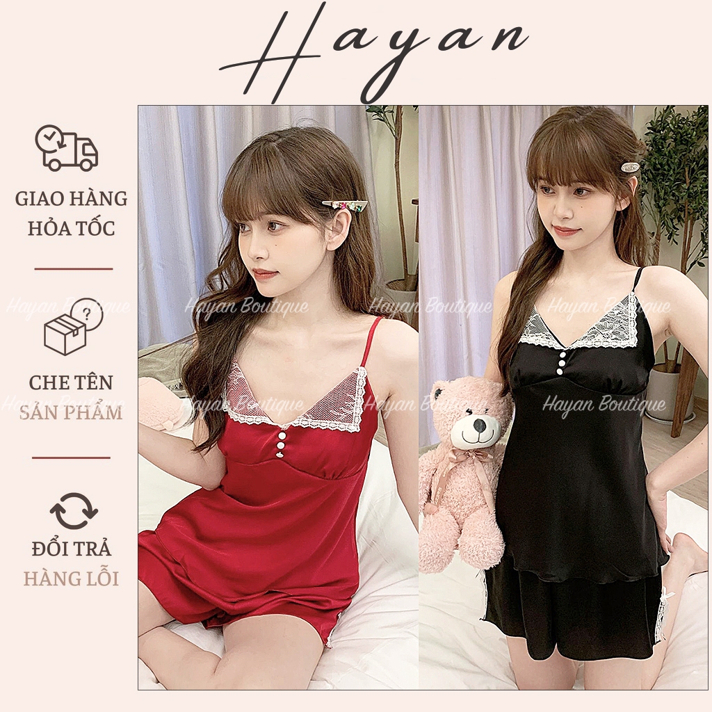 HT231 Bộ ngủ sexy phối ren cổ bẻ kèm ĐỆM LÓT,đồ ngủ lụa xoè nhẹ hách dáng quyến rũ HT231 MÚT