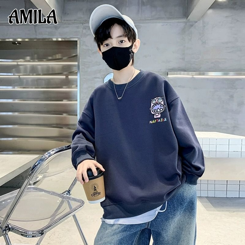 Amila Áo len bé trai áo len cổ tròn mùa thu và mùa đông rộng thoải mái dễ phối tay áo dài cho trẻ em và bé trai Tuổi Teen in chữ