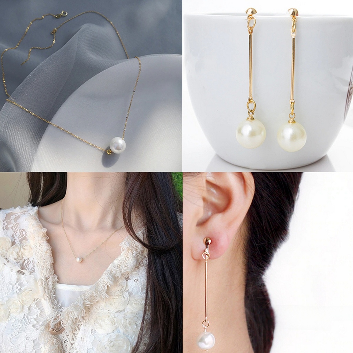Pack of 02 Gold Pearl Long Tassel Earrings Simple Crystal Girls Hanging Boucle Female Earrings Stainless Steel Korean Style Noble Ear Stud New Oval Simulated Stone Earrings Gift Pierced Minimalist Party White Golden Stick with Earrings