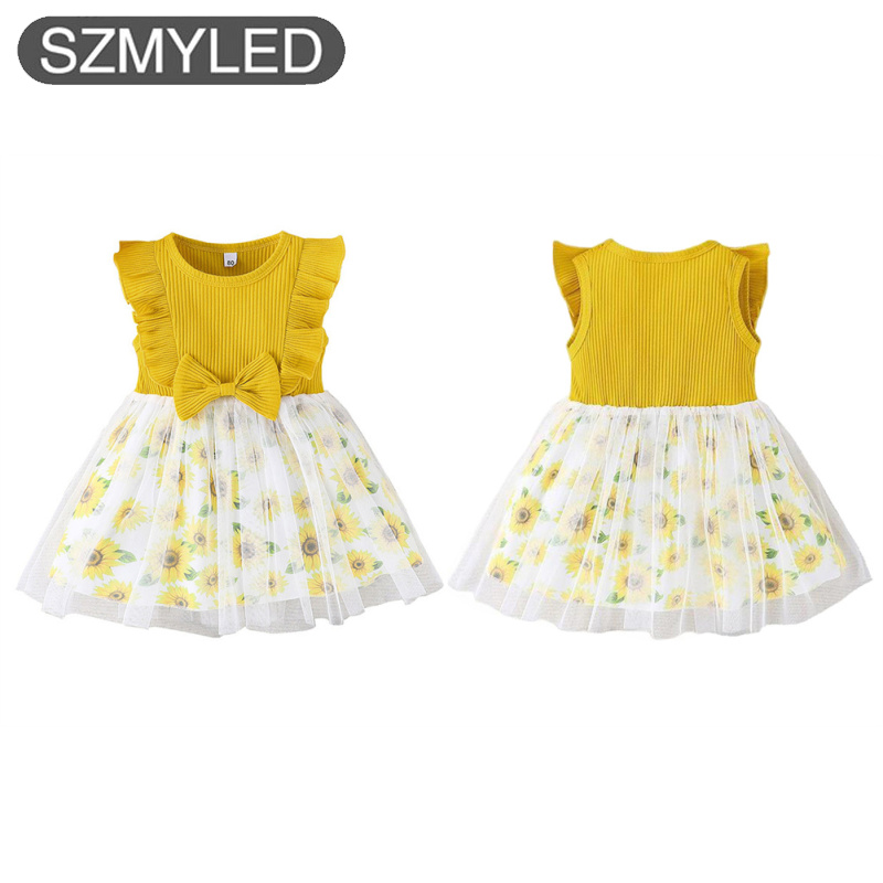 Girls Cotton Round Neck Dress Sleeveless Bowknot A Line Tulle Princess Dresses Summer Casual Beach Sundress