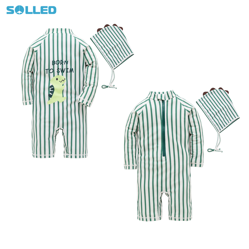 Toddler Boy 2 Pcs Swimsuit Long Sleeve Cartoon Dinosaur Pattern Striped Beach Rash Guard Short Bodysuit With Hat