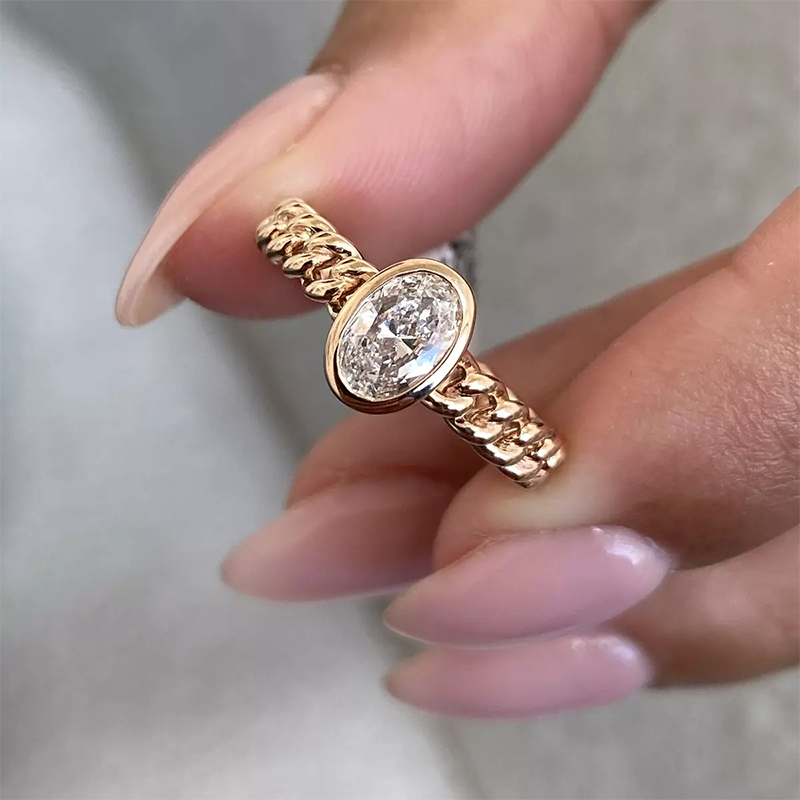 14k Rose Gold Wedding Ring Oval Shape HPHT Lab Created Diamond Bezel Set DEF VS-VVS 0.5CT Main Stone Without IGI ราคา 21,052 บาท*ส่งฟรี