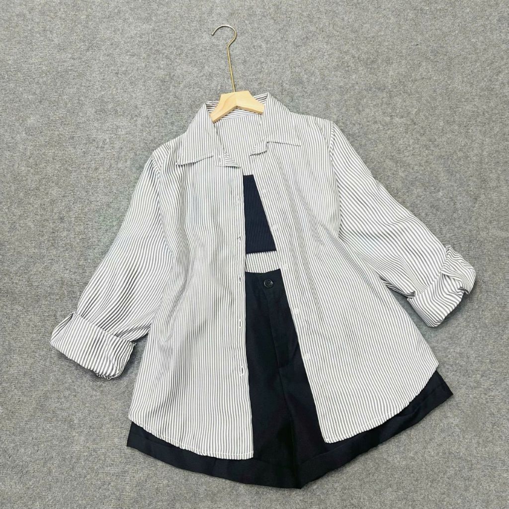 Set 3 món Bigsize nữ áo sơ mi sọc dài tay phối áo thun hai dây co giãn kèm quần đùi dáng A năng động SET( SM49+G118+Q28) năng động