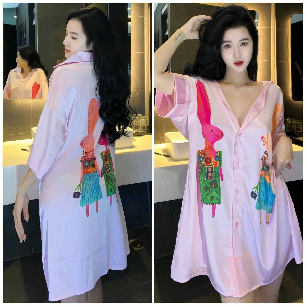 Váy ngủ sơ mi Lụa latin in hình Đầm ngủ freesize 45kg đến 75kg