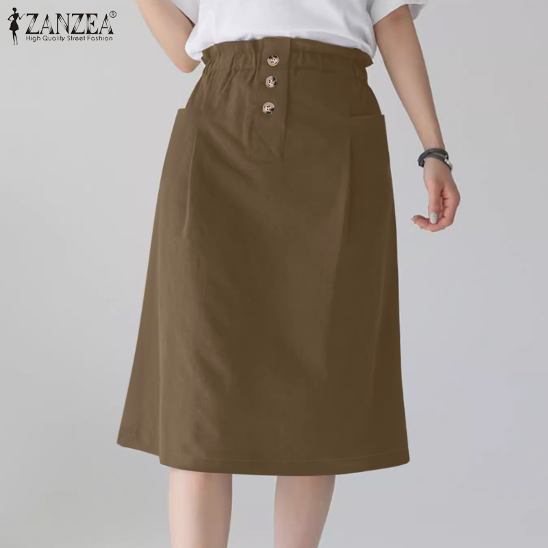 Zanzea Womens ladylike rắn Dài đến đầu gối chân váy chữ A Retro Thắt lưng co giãn trang trí nút over